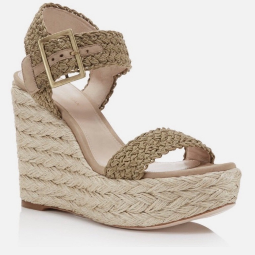 EUC - Stuart Weitzman Alex Crochet Espadrille Wedge Sandals Swamp Khaki